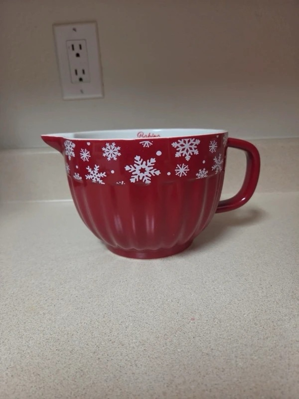 Festive Red Snowflake Mixing Bowl with Handle and Pour Spout